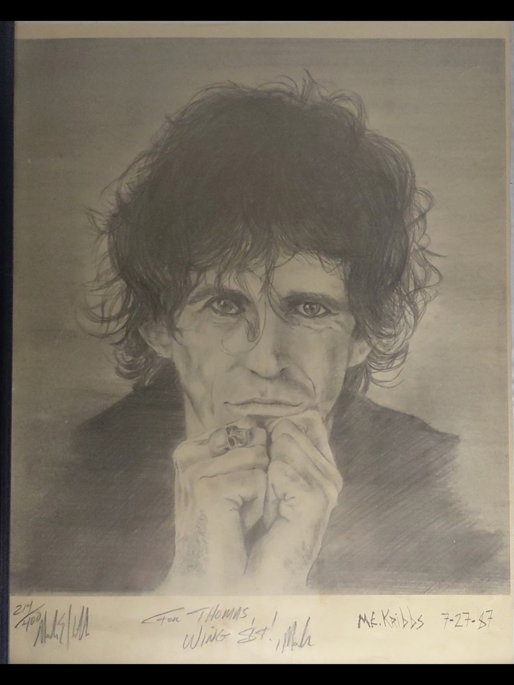 Numbered Signed Sketch Of Keith Richards Portrait Wall Art - Black & Gray